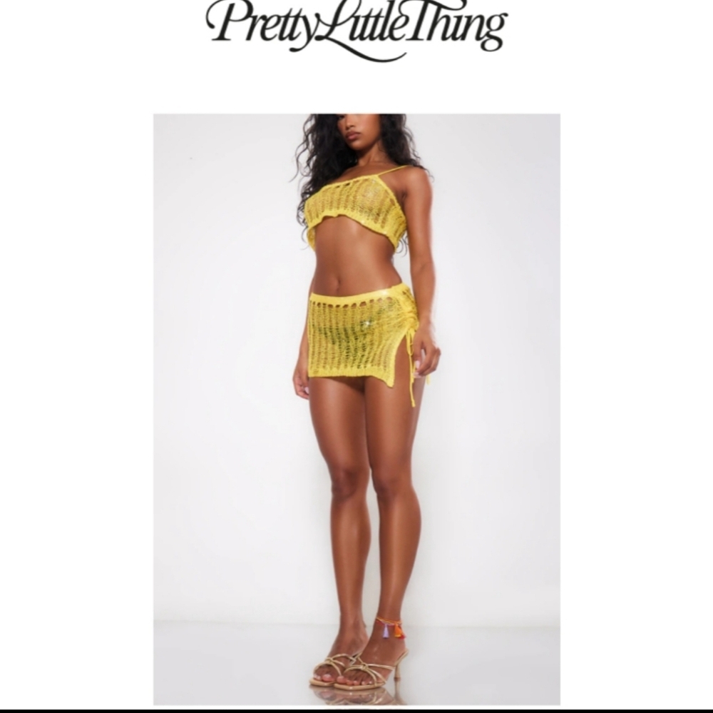 PrettyLittleThing Yellow Crochet Mini Beach Skirt NWTs- Size Large - Picture 7 of 11